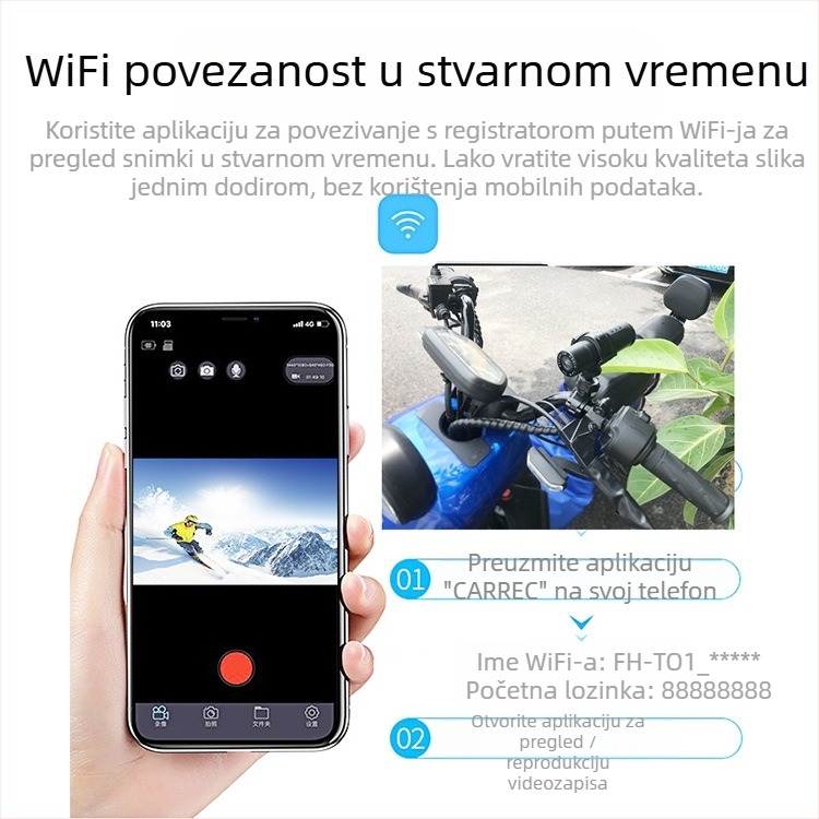 T1 Moto dash kamera - 1080P, 140° kut gledanja, TF kartica do 128GB, vodootporna za vanjsku upotrebu, napajanje 12V