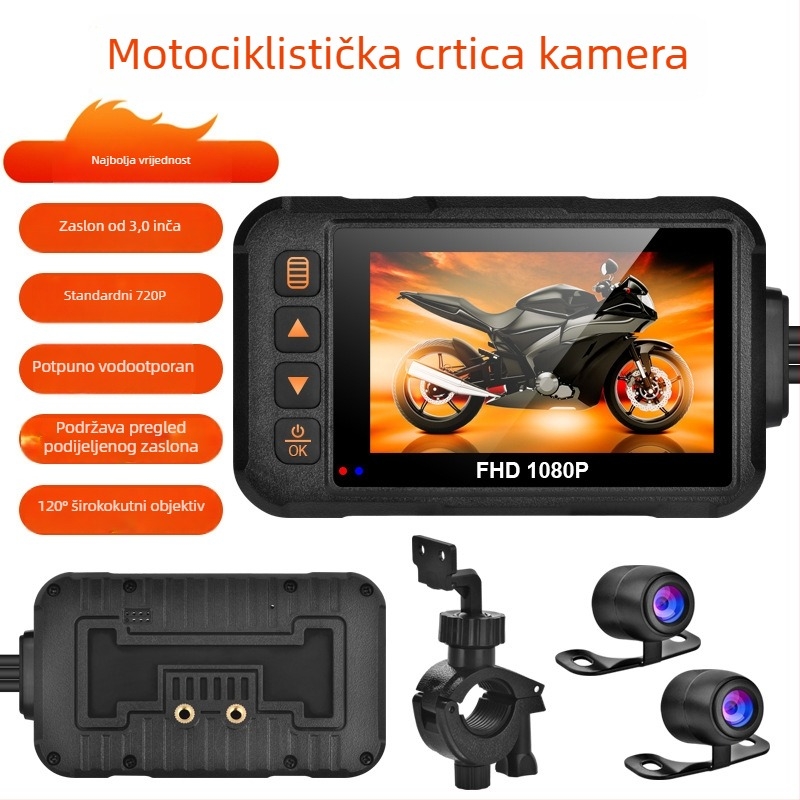 Motociklistička dash kamera, vodootporna, prednja i stražnja dvostruka snimka, širokokutno HD video, 3,0-inčni zaslon s podijeljenim prikazom.