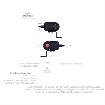 Dash kamera za motocikl, HD vodootporna, 170° kut gledanja, 2MP, TF kartica do 128GB, 12V, Model C5