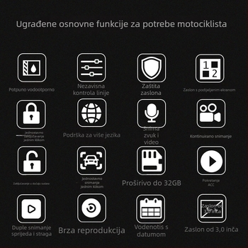 MT20 Moto kamera za vožnju s vodootpornim dvostrukim objektivom, 120° kut vida, 2.0 MP, 3" zaslon, žični daljinski upravljač