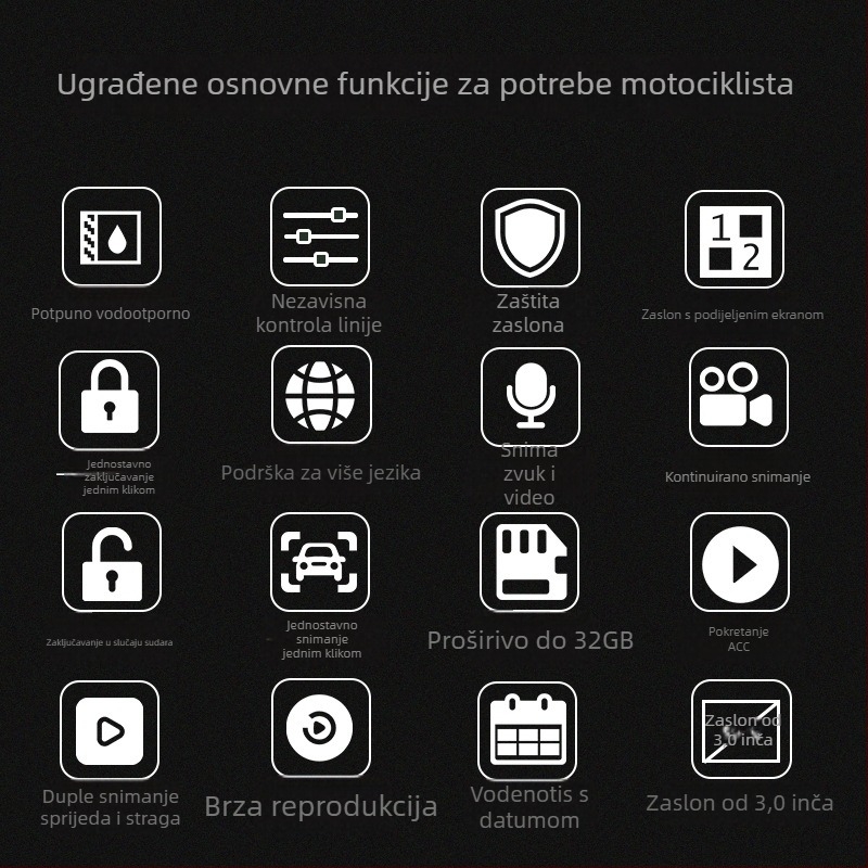MT20 Moto kamera za vožnju s vodootpornim dvostrukim objektivom, 120° kut vida, 2.0 MP, 3" zaslon, žični daljinski upravljač