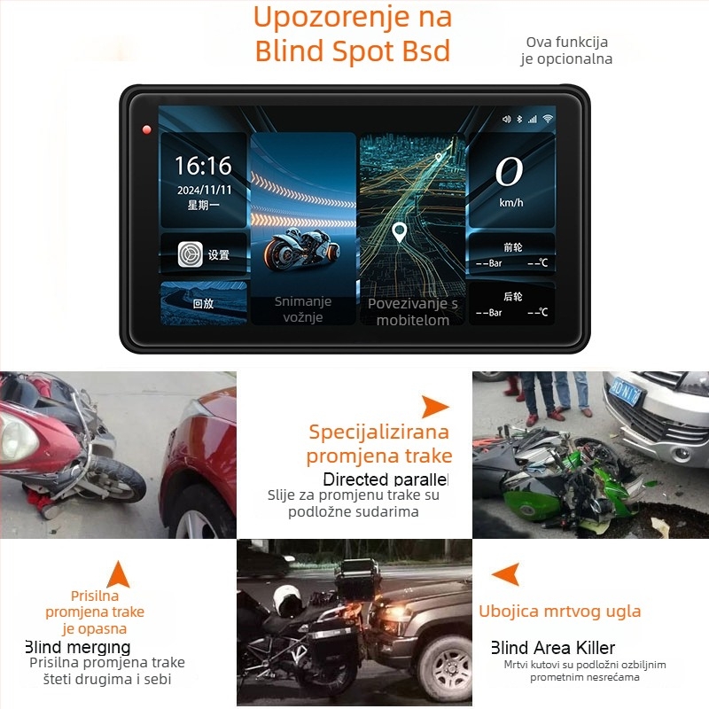 Motociklistički DVR s CarPlayom i projekcijom na zaslonu, 150° kut, 3MP senzor, TF kartica do 128GB, montiranje na upravljač, 12V