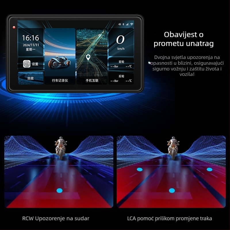 Motociklistički DVR s CarPlayom i projekcijom na zaslonu, 150° kut, 3MP senzor, TF kartica do 128GB, montiranje na upravljač, 12V