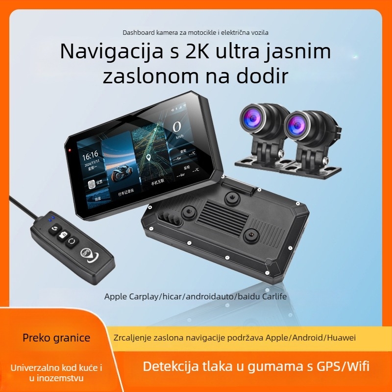 Motociklistički DVR s CarPlayom i projekcijom na zaslonu, 150° kut, 3MP senzor, TF kartica do 128GB, montiranje na upravljač, 12V