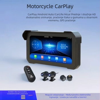 Motociklistička dash kamera s CarPlay/Android Auto, dvostruko snimanje (prednje i stražnje), 1080p, 140° kut snimanja, praćenje tlaka u gumama, 256GB memorije
