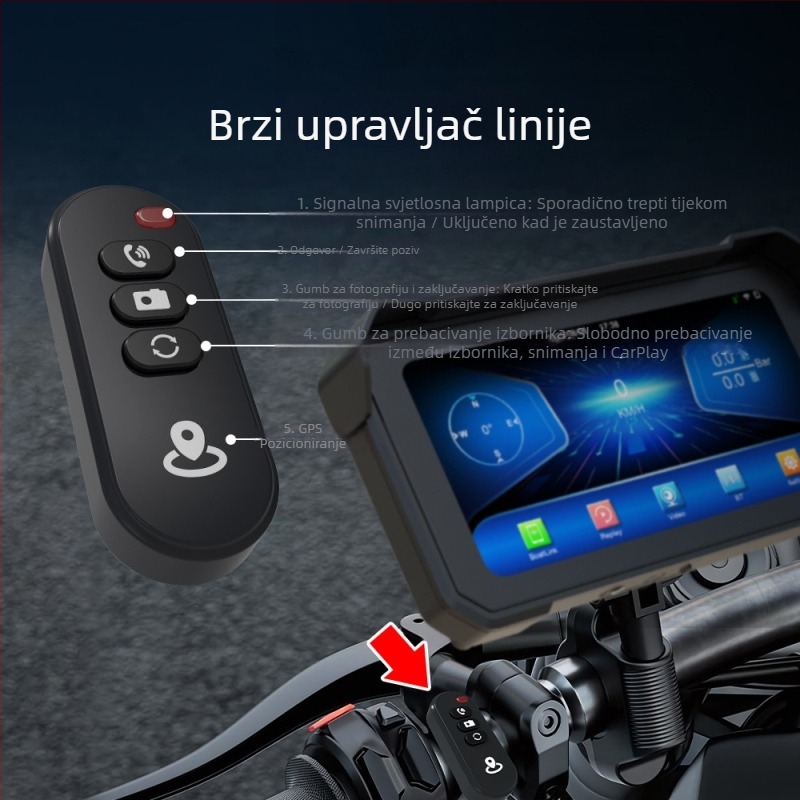 Motociklistička dash kamera s CarPlay/Android Auto, dvostruko snimanje (prednje i stražnje), 1080p, 140° kut snimanja, praćenje tlaka u gumama, 256GB memorije