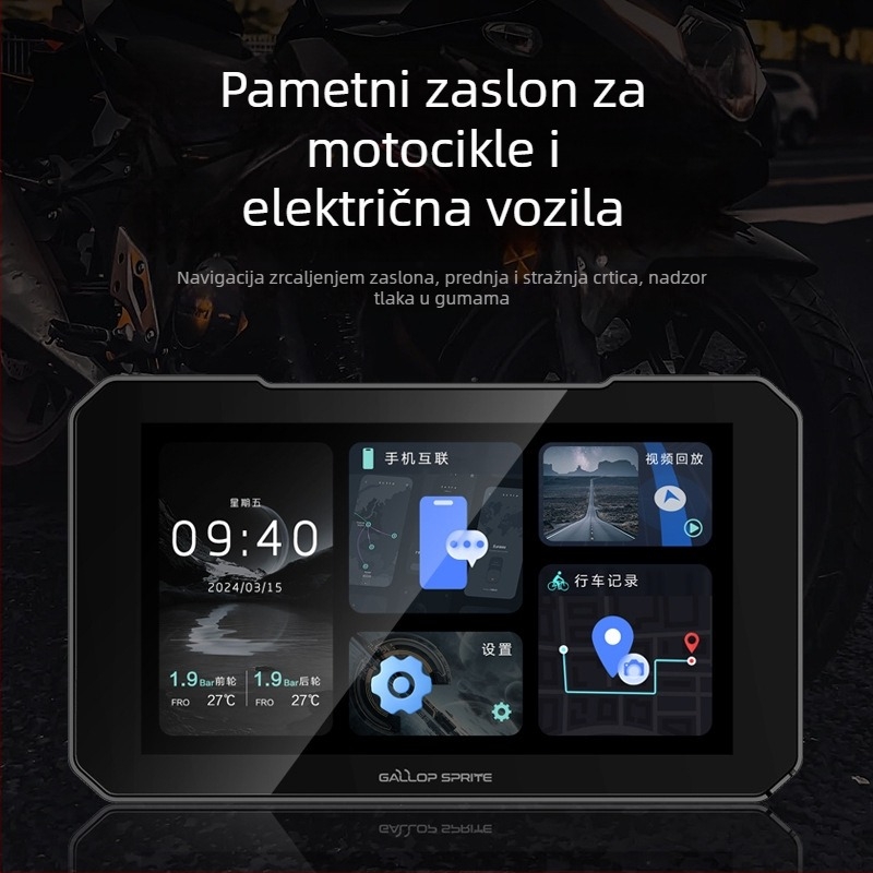 CarPlay jedinica za motocikl s prednjom i stražnjom dvostrukom kamerom, navigacijom i praćenjem tlaka u gumama