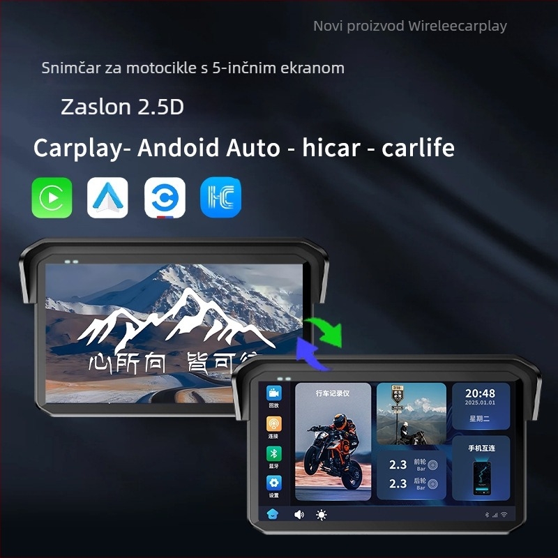 Motociklistički rekorder navigacijski uređaj s projekcijom zaslona, prednja i stražnja dvostruka kamera, IP68 vodootpornost, praćenje tlaka u gumama, TF kartica do 64GB