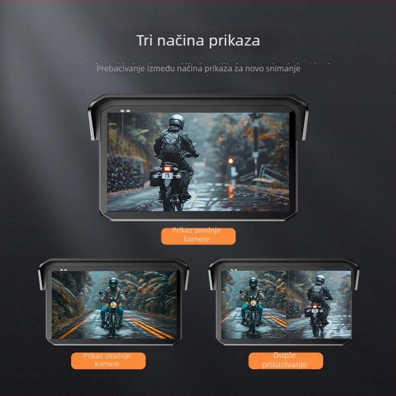 Motociklistički rekorder navigacijski uređaj s projekcijom zaslona, prednja i stražnja dvostruka kamera, IP68 vodootpornost, praćenje tlaka u gumama, TF kartica do 64GB
