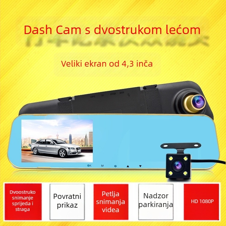HD DVR za automobil s ogledalom za retrovizor, dvostruki objektivi 1080p prednji i stražnji, 170° kut vidljivosti, nadzor parkiranja, podrška TF kartici do 32 GB