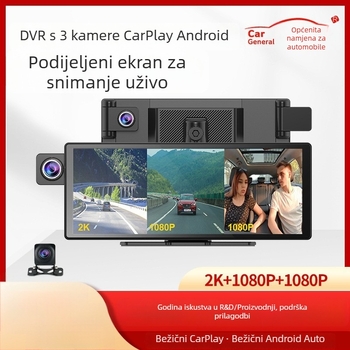 Dash cam s 3 kamere, 10,26-inčni HD zaslon, CarPlay & Android Auto, 1800P, 140° vidno polje