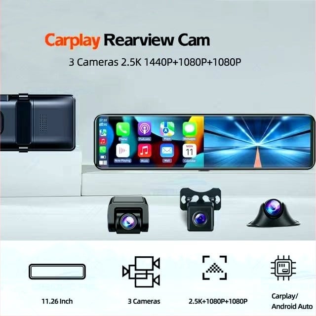 Trostruka kamera za retrovizor s dash camom, 2K/1440P, 170° kut gledanja, Wi‑Fi, nadzor parkiranja