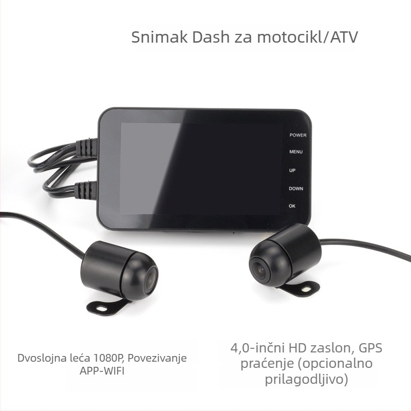 MT003 motociklistička dash cam, dvostruki objektiv, 140° kut gledanja, 5MP senzor, podržava TF karticu do 64GB, prednje i stražnje postavljanje