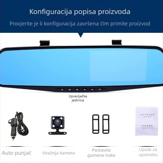 Klasični Jiuyi 4,3-inčni dash cam u retrovizoru s prednjom i stražnjom dvostrukom snimanjem te slikom za obrnuto vožnju