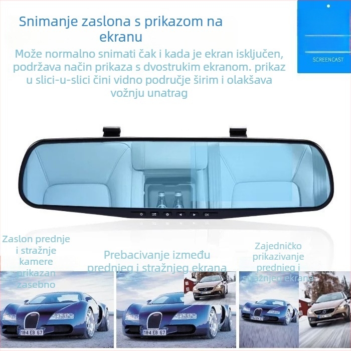 Klasični Jiuyi 4,3-inčni dash cam u retrovizoru s prednjom i stražnjom dvostrukom snimanjem te slikom za obrnuto vožnju