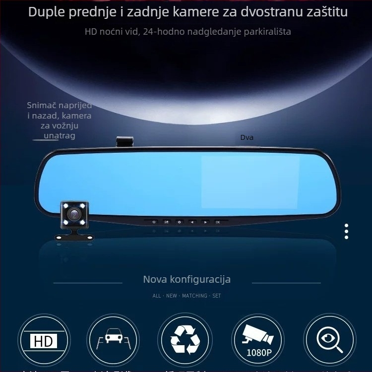 Klasični Jiuyi 4,3-inčni dash cam u retrovizoru s prednjom i stražnjom dvostrukom snimanjem te slikom za obrnuto vožnju