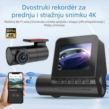 4K dash cam s prednom i stražnjom kamerom, dvostruko snimanje, 140° kut, 2.0-inčni zaslon, Wi‑Fi, GPS, petlja snimanja, SD kartica podrška