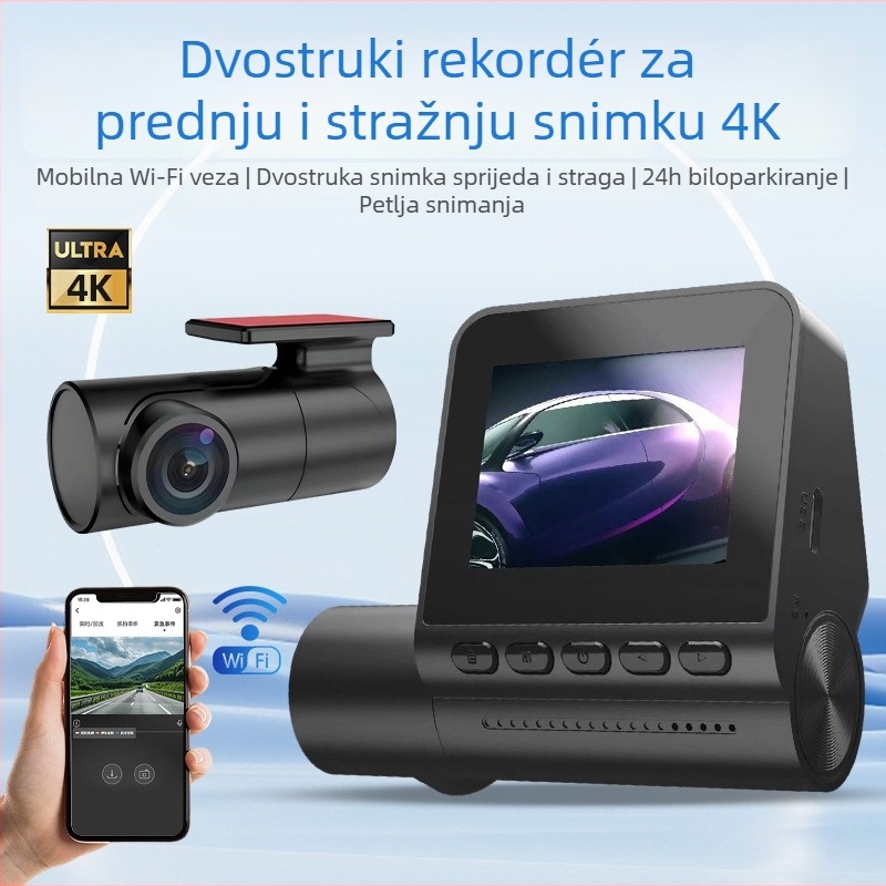 4K dash cam s prednom i stražnjom kamerom, dvostruko snimanje, 140° kut, 2.0-inčni zaslon, Wi‑Fi, GPS, petlja snimanja, SD kartica podrška