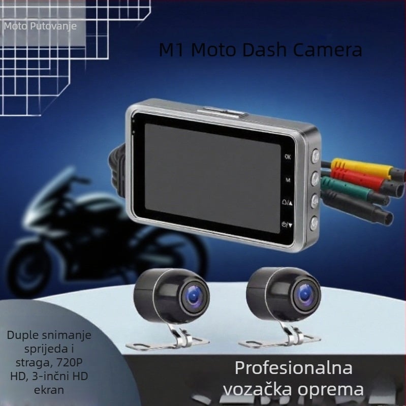 Motociklistička dash kamera s prednjim i stražnjim dvostrukim objektivom, 720P HD, 140° široki kut, podrška TF karti do 128GB, ciklično snimanje