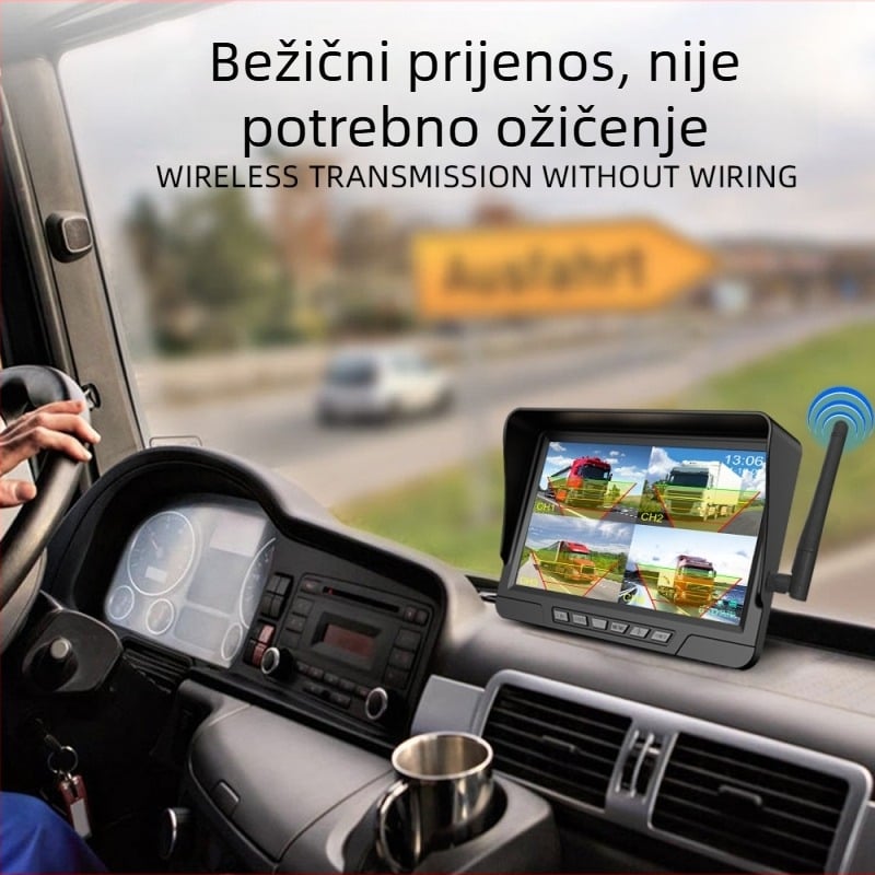 7-inčni bežični dash cam za kamione s dvostrukom lećom, 1080p, noćni vid sa Starlight, BSD upozorenje, 24V, slika unazad, montaža u središnju konzolu, Wi‑Fi