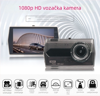 Jinglu automobilni videoregistrator od cinkovog legura, dvostruka leća, 1080p prednja i stražnja, 150° kut, TF kartica podrška, 12V napajanje