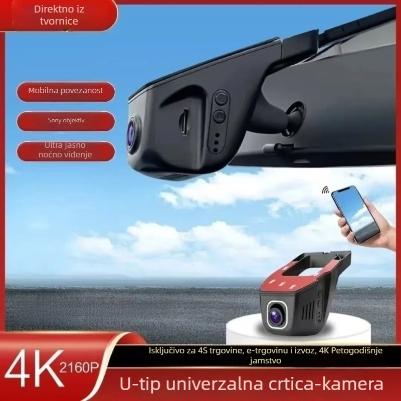 U-oblikovana skrivena HD kamera za automobil s Wi‑Fi, napajanjem USB/ACC, dvostruko ili jednostruko snimanje, 4K+ rezolucija, 170° široki kut, montaža na vjetrobran
