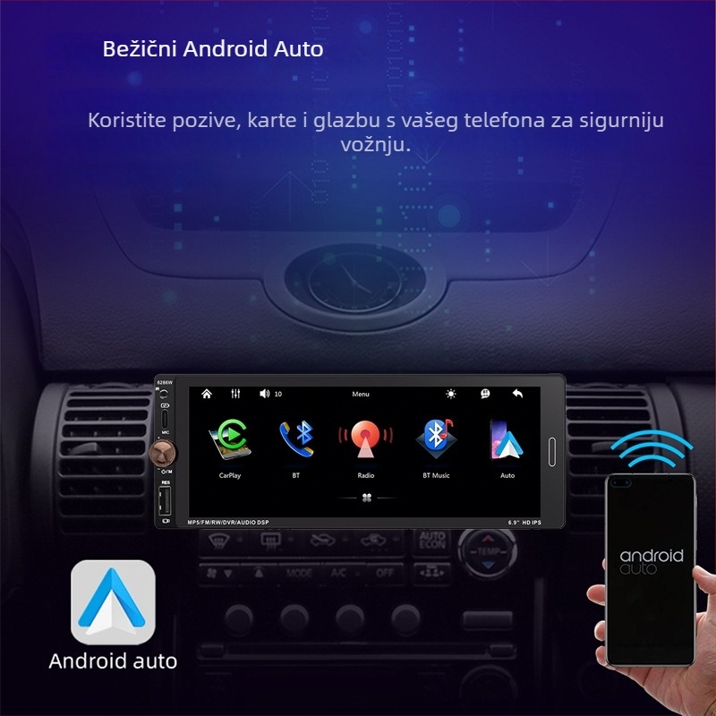 Bežični CarPlay i Android Auto, MP5 player s Bluetoothom, FM radio, 12V napajanje