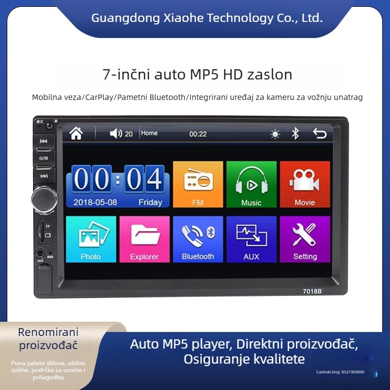 7-inčni MP5 player za automobil, 2DIN, Bluetooth, model 7018B