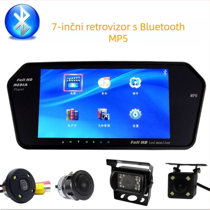 Zaslon retroskopnog ogledala za automobil s LCD zaslonom, napajanje 12–24V DC, podrška SD kartici, video formati MP4/FLV i drugi, audio formati MP3/WAV/APE/FLAC