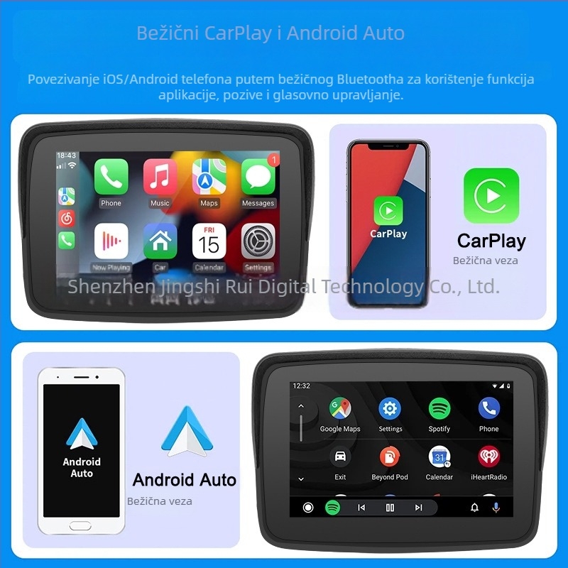 Bežični CarPlay navigacijski zaslon za motocikl, 5 inča, odvojiv, prenosni, vodootporan, HD zaslon za vožnju