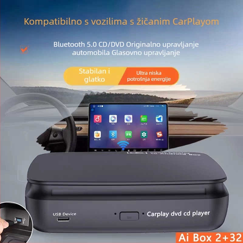 Automobilski DVD player s CarPlayom (kablom na bežični) i Android Auto, SX-360D, 2GB RAM/16GB ROM, 1280x720, USB-C, CD player