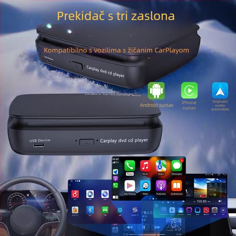 Automobilski DVD player s CarPlayom (kablom na bežični) i Android Auto, SX-360D, 2GB RAM/16GB ROM, 1280x720, USB-C, CD player