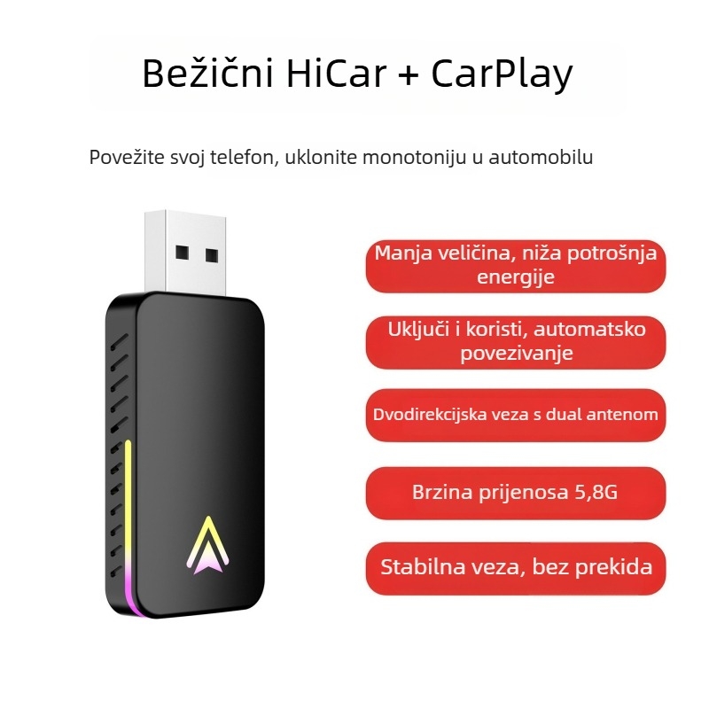 CarPlay i Hicar 2-u-1 auto adapter, kabelski na bežični | Box001 | dvostruko jezgreni procesor | Linux | USB priključak | 1080P