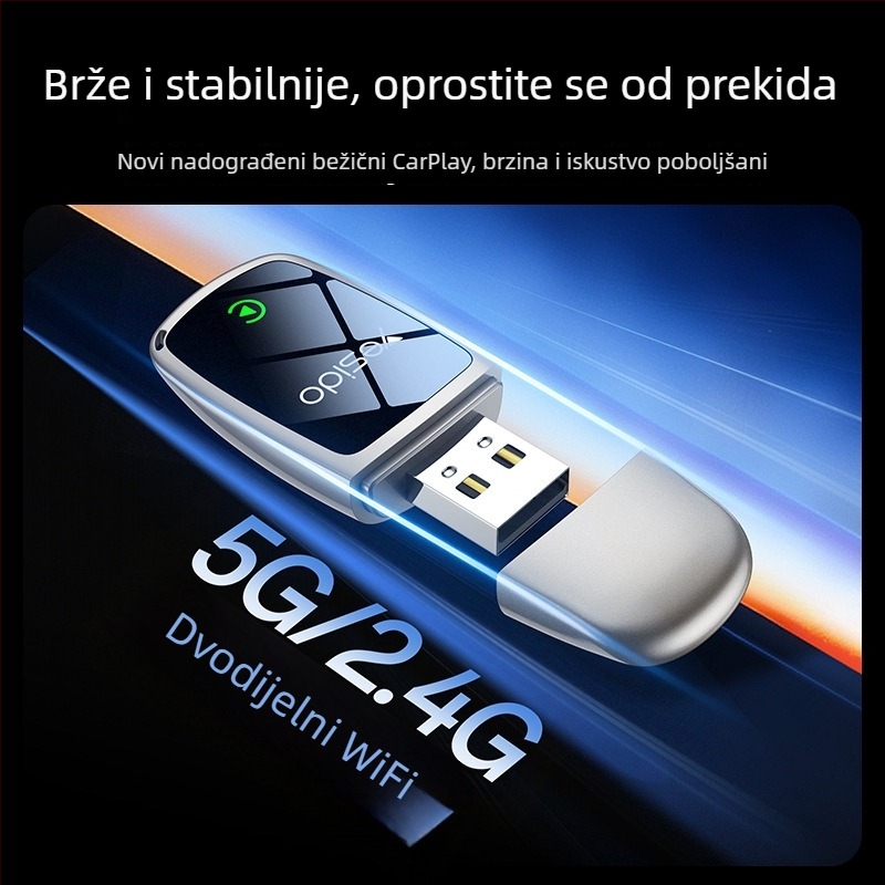 Yesido Km29 Bežični CarPlay adapter s dvojezgrenim CPU-om, 1GB RAM, USB sučelje, dual-band Wi‑Fi, kućište od cinkove legure