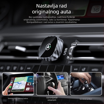 Bežična CarPlay kutija s Android 2-u-1 adapterom; dvostruko jezgreni CPU; 1GB RAM; 16GB ROM; USB i Type-C sučelja; model MS-08; kompatibilno s vozilima s kabelskim CarPlay