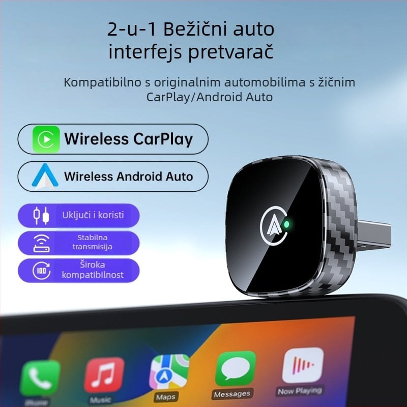 Bežična CarPlay kutija s Android 2-u-1 adapterom; dvostruko jezgreni CPU; 1GB RAM; 16GB ROM; USB i Type-C sučelja; model MS-08; kompatibilno s vozilima s kabelskim CarPlay