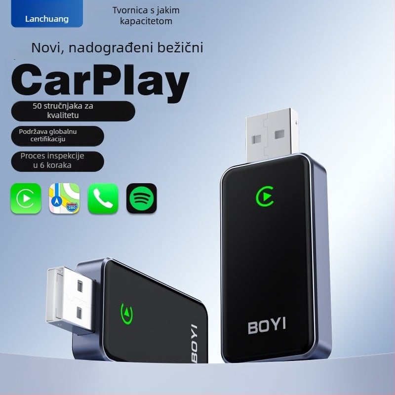 Lanchuang LC967B CarPlay bežični adapter – 2-u-1 pretvarač s kabelskog na bežični CarPlay, aluminij aviacije + 6H kaljeno staklo, 40 g, kompatibilan s vozilima CarPlay