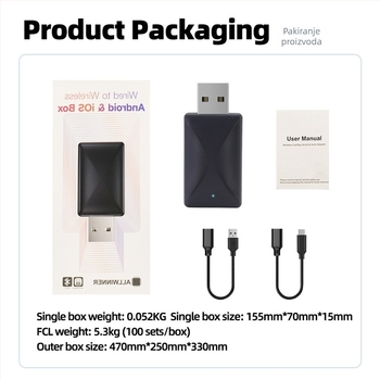 Bežični CarPlay adapter s Android Auto, 2-u-1 plug-and-play, 5V ulaz, potrošnja 3–5W, težina 0,1 kg, plast+PCB