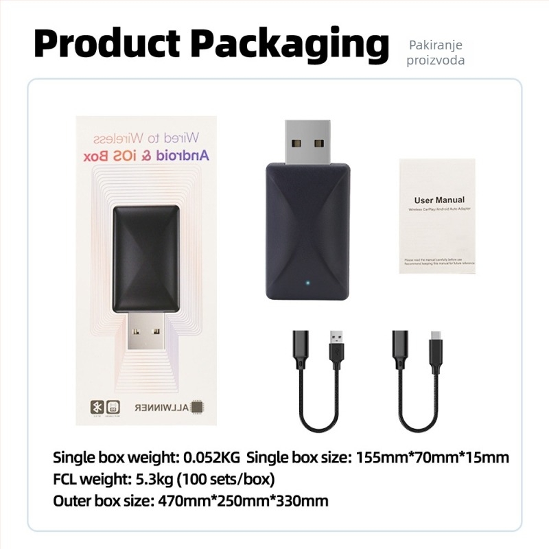 Bežični CarPlay adapter s Android Auto, 2-u-1 plug-and-play, 5V ulaz, potrošnja 3–5W, težina 0,1 kg, plast+PCB