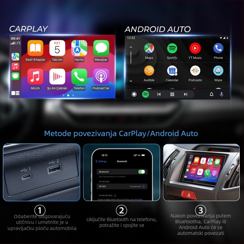 Bežični CarPlay adapter za kabelski CarPlay uz Android Auto spajanje — USB Type-C sučelje, adaptivna rezolucija, bez zaslona