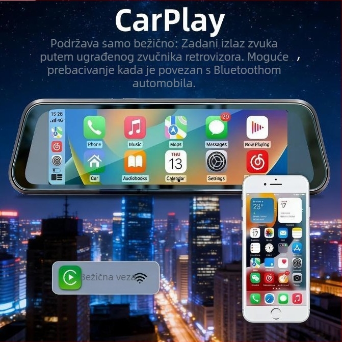 9,66-inčni bežični CarPlay prijenosni zaslon s dodirnim streamingom, retrovizorom i multifunkcionalnim videoregistratorom automobila