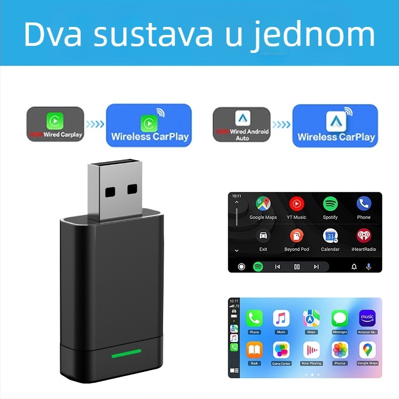Dnakawa CarPlay 2-u-1 adapter: kabelski na bežični CarPlay, USB sučelje, model TAB08, ABS kućište, prilagodba obrade