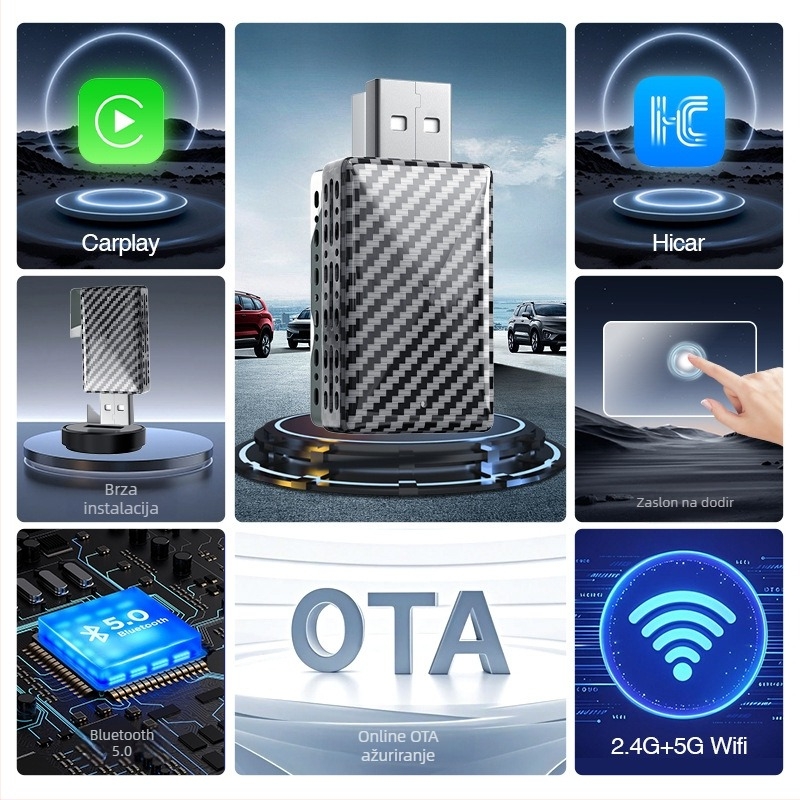 Bežični CarPlay adapter s uzorkom karbonskih vlakana za CarLife HiCar u automobilu