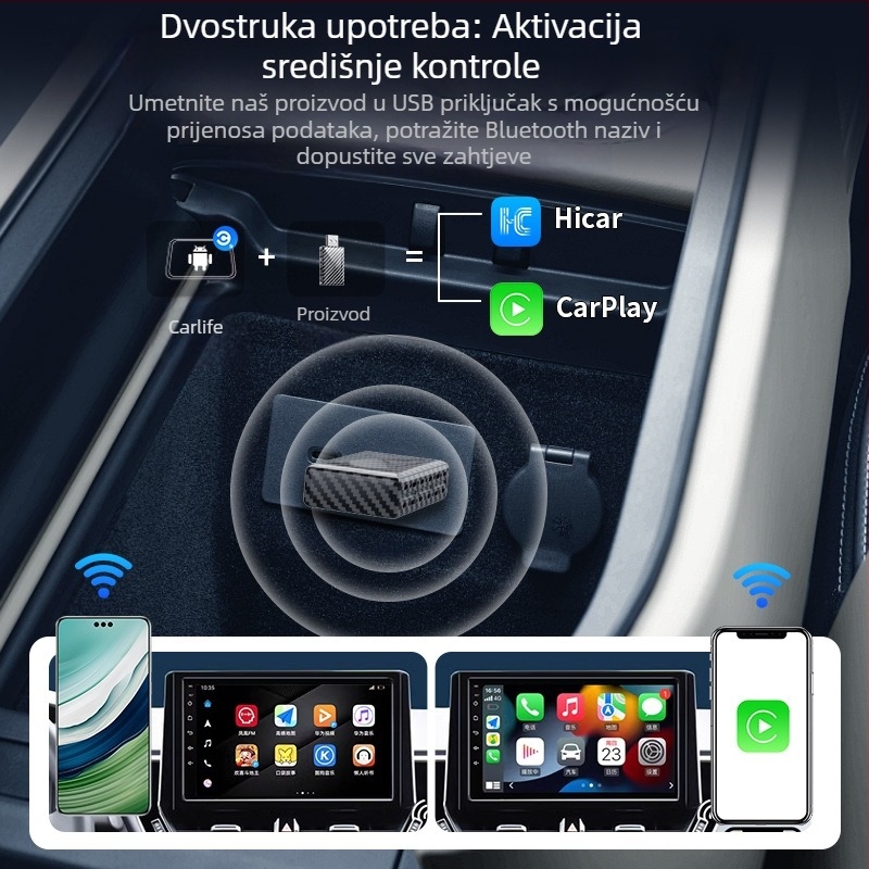 Bežični CarPlay adapter s uzorkom karbonskih vlakana za CarLife HiCar u automobilu