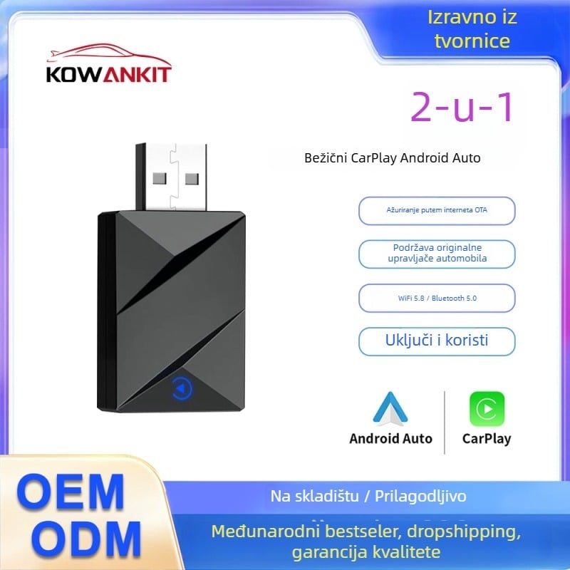 CarPlay bežični adapter, 2-u-1 s Android Auto, Kowankit K1a, četverojezgreni CPU, 2GB RAM, 16GB ROM, USB-C/USB