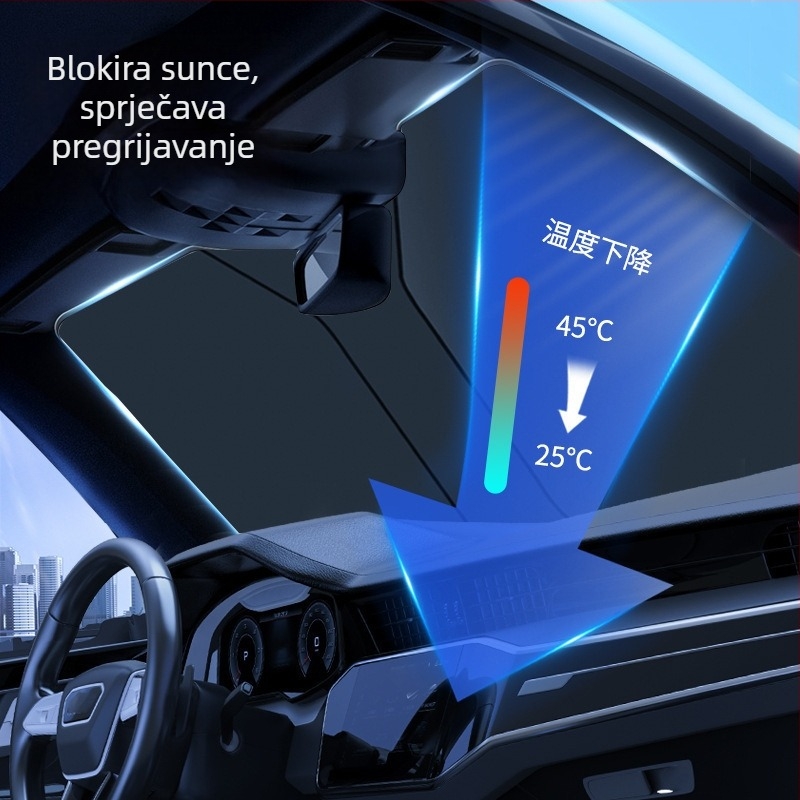 Auto sjenilo za prednje staklo — potpuno zatamnjenje i toplinska izolacija, sklopivo, poboljšana verzija; PVC materijal; ugradnja snap-in; jednobojni uzorak
