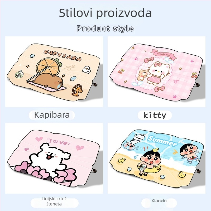 Auto sunshade za prednje staklo – vinil, teleskopsku ugradnju, crtani stil, animacijski motiv, moguć tisk logotipa, univerzalna prilagodba