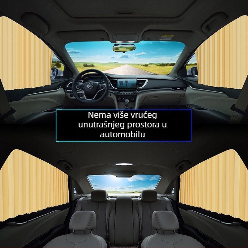 Auto sjenilo s magnetskom šinom i zavjesom od poliestera; univerzalna prilagodba; teleskopsko izvlačenje; toplinska izolacija