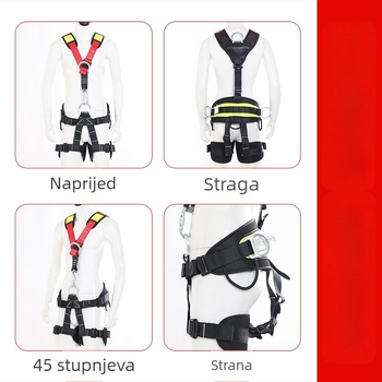 Hama za cijelo tijelo za penjanje — podstavljeni rameni, pojas i stražnji pojasevi; nosivost 150 kg; materijal pojasa: poliester; materijal užeta: visoko otporna žica; duljina užeta: konzultirajte