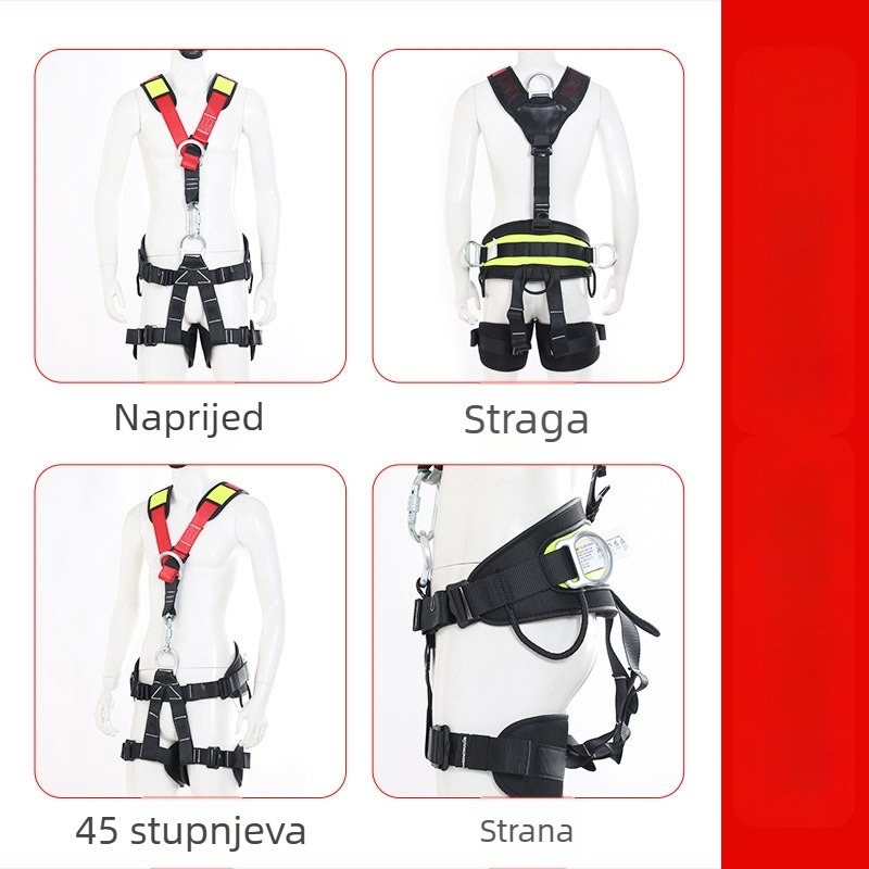 Hama za cijelo tijelo za penjanje — podstavljeni rameni, pojas i stražnji pojasevi; nosivost 150 kg; materijal pojasa: poliester; materijal užeta: visoko otporna žica; duljina užeta: konzultirajte